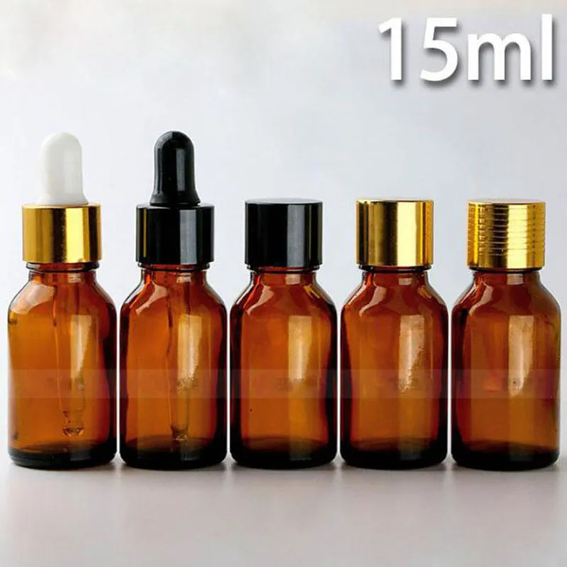 624 unids/lote botellas cuentagotas de vidrio marrón 15ml botellas de embalaje de aceite esencial e-líquido con 5 tipos de tapa