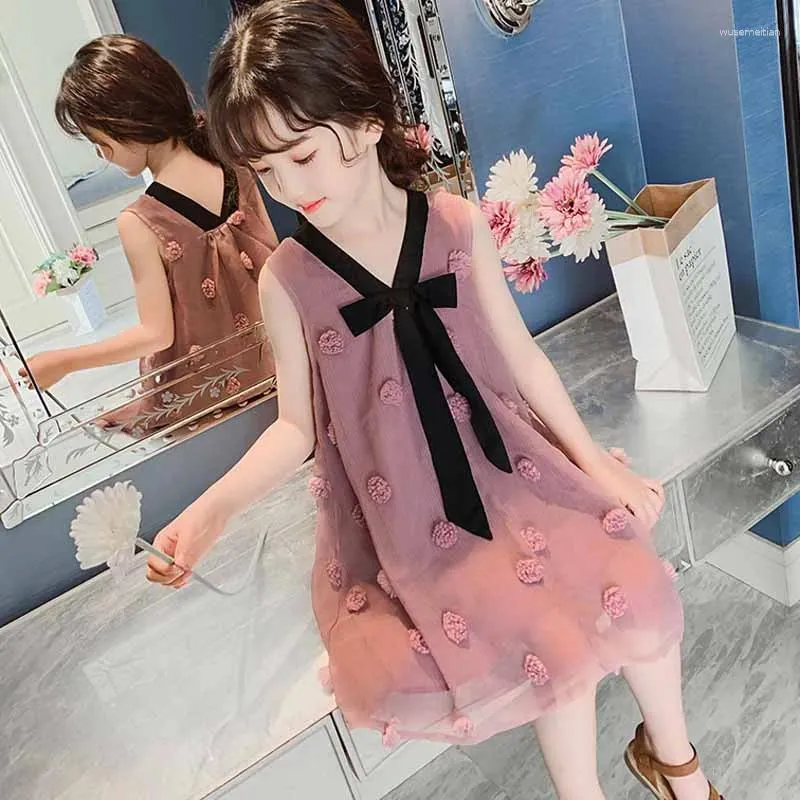 Robes de fille Robes d'été pour filles 2023 Style coréen Applique Bow Petite Fée Princesse Européenne Américaine Vêtements pour Enfants 4-13