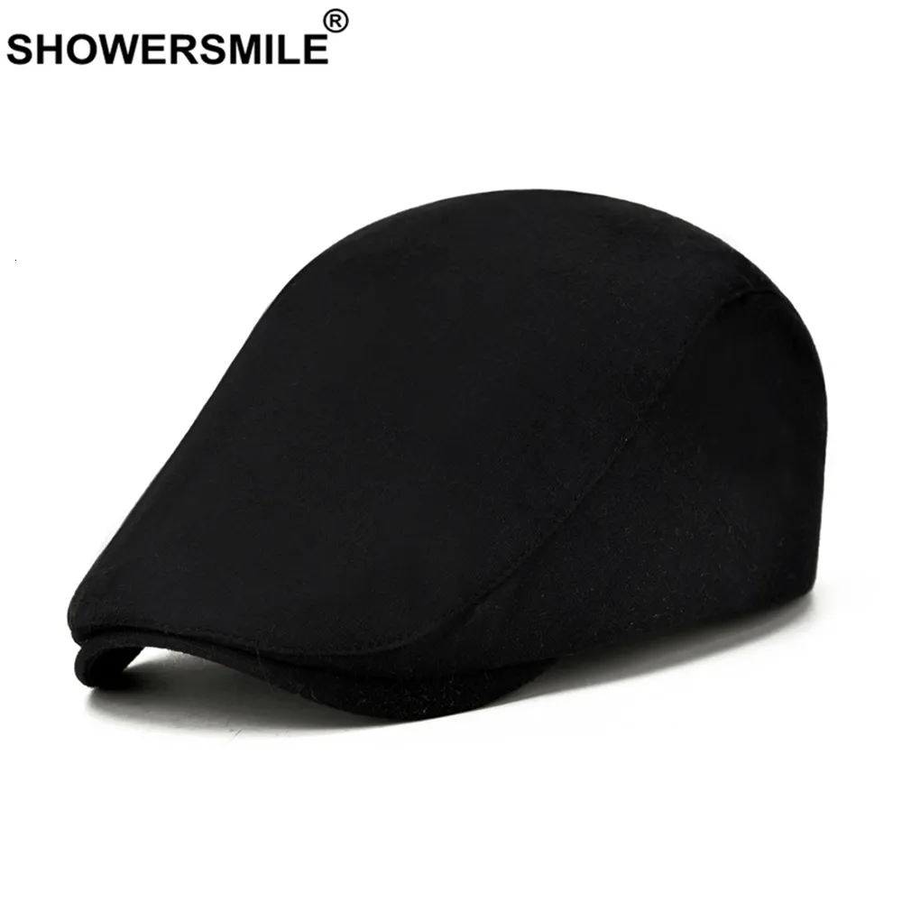 Baretten SHOWERSMILE Effen Zwart Lente Zomer Platte Pet voor Heren Katoen Britse Stijl Casual Baret Retro Verstelbare Ivy Hoeden voor heren 230421