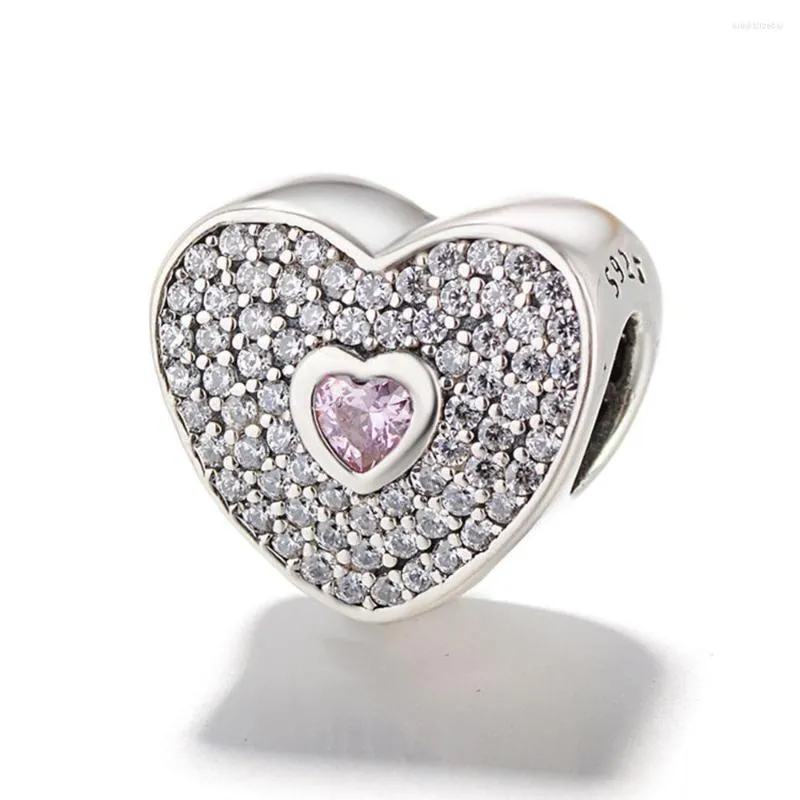 Loose Gemstones Authentic 925 Sterling Silver Charm Shine Pink Heart Full Crystal Beads For Original Bracelets & Bangles Jewelry