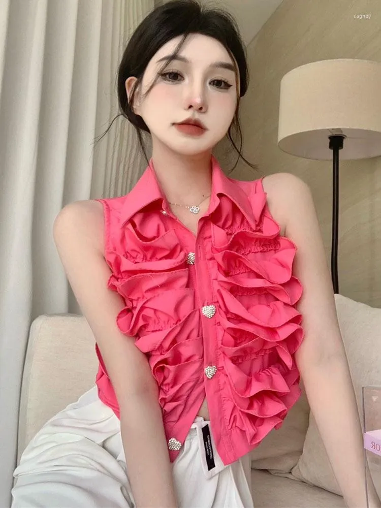 Blouses pour femmes 2023 Femmes Sweet Rose Ruffles Blouse Blusa Mujer Fashion Summer Sans Slim Slim Short Shirt Lady Vêtements