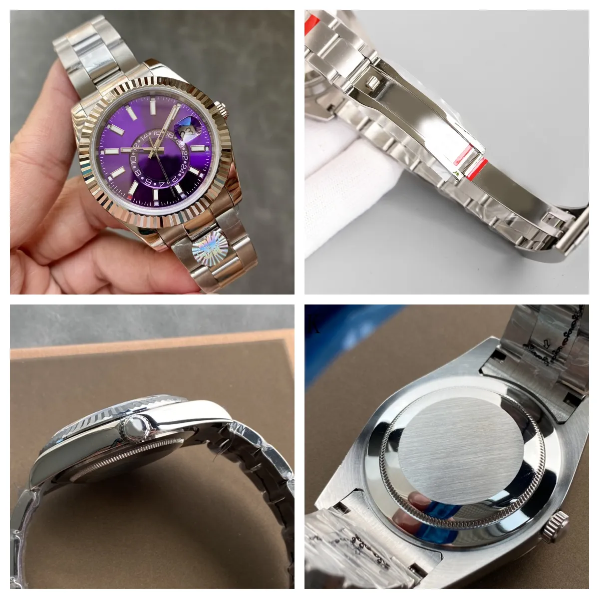 Herrenuhr mit violettem Zifferblatt, automatisches mechanisches Uhrwerk, 42 mm, Dual-Rotationsfunktion, Datum, Saphirglas, wasserdicht, Montre De Luxe