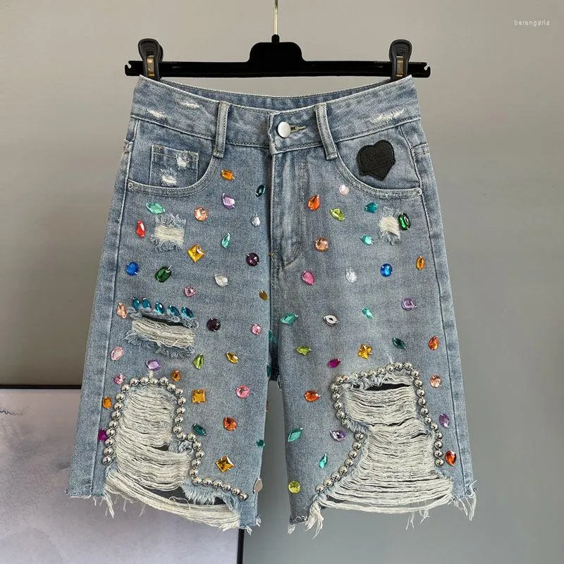 Kvinnors shorts kvinnor jeans 2024 vår sommar mode hög midja smal knä längd rak hål byxor inlagd diamant