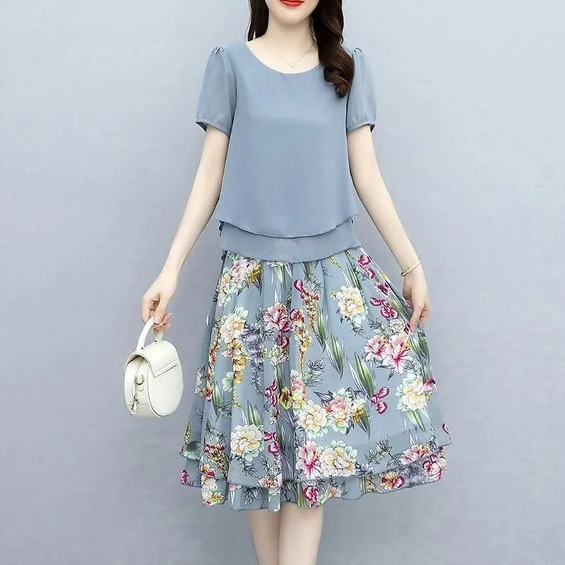 Save Big on Bulk Piece Skirt Outfits Two Piece Dress Two Piece Sets Women  Summer Chiffon Print Shirt And Midi Skirts 2pcs Set Female Korean Casual