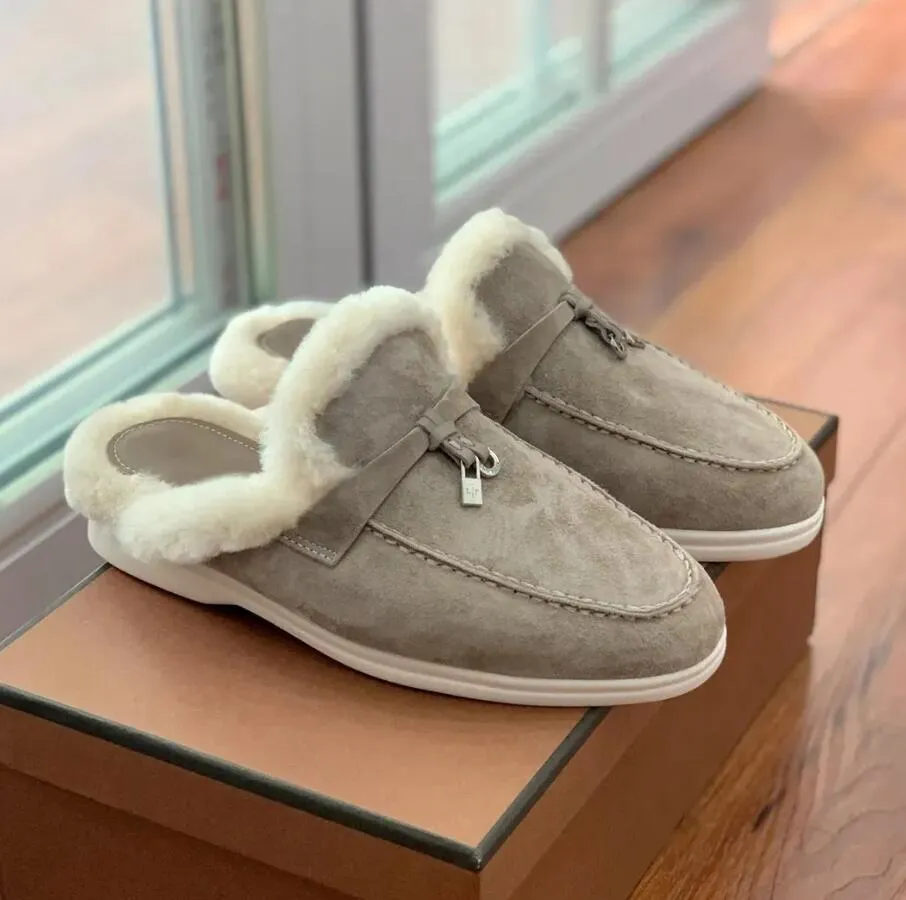 2023S Snow Shoes Loropiana- Wool Slippers Classic Buckle Designer Womens Casual Shoes Soft Sole High Elastic Beef Sendon Bottom Flat Heel Shoe Novelty Slipper