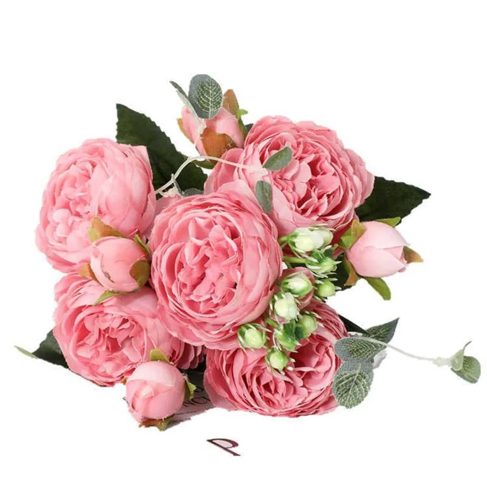 1 bukett Big Head och 4 knopp billiga falska blommor för hembröllopsdekoration Rose Pink Silk Peony Artificial Flowers Y0630305J