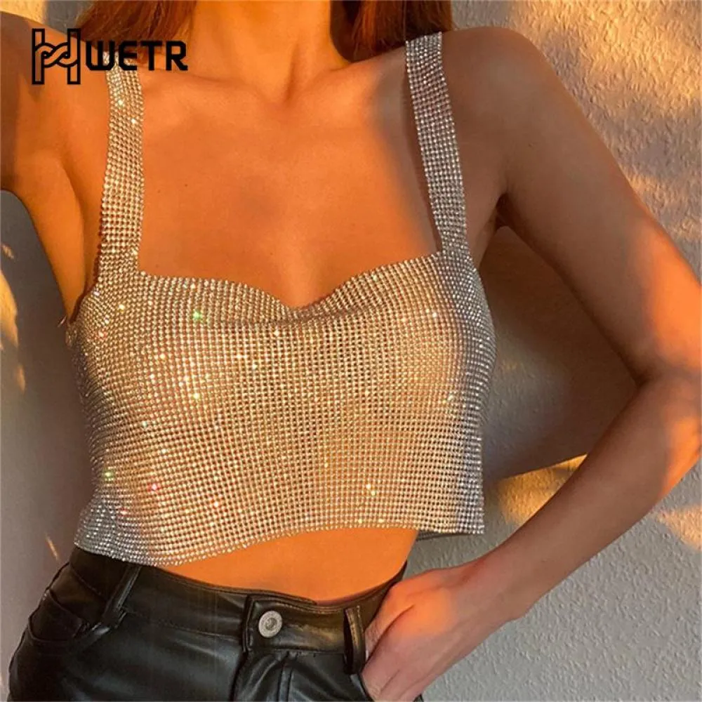 Shiny Rhinestones Crop Top Sexy Backless Straps Full Diamonds Sequins Cami Cropped Fashion Party Tank Top For Women