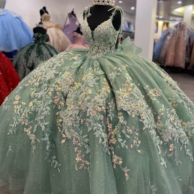 Sage Green Shiny Charro Pastel Green Quinceanera Dresses With Lace ...