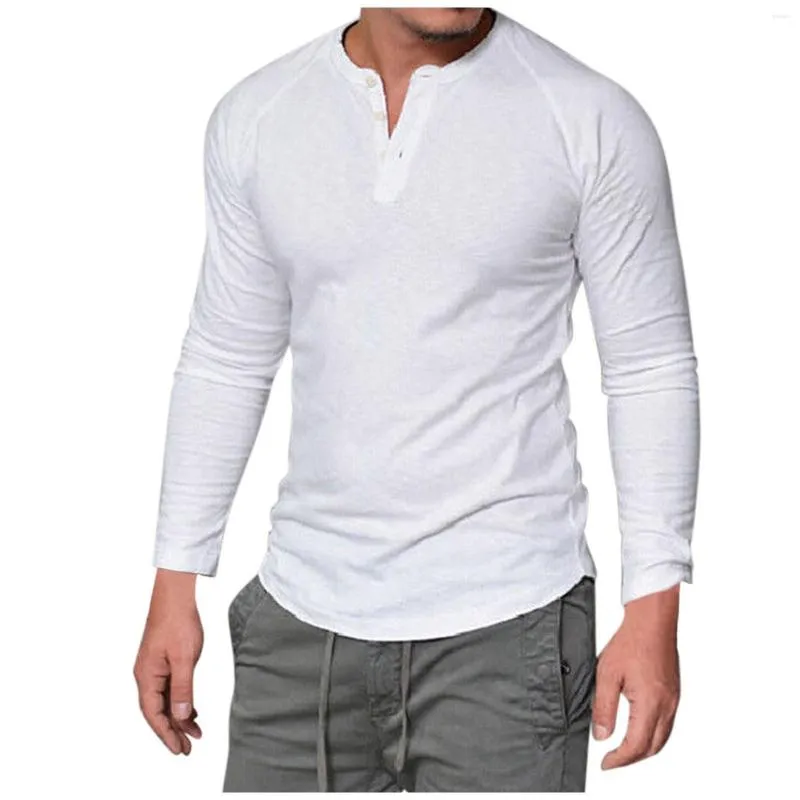 Hommes chandails mode hommes t-shirt coton à manches longues Fitness col rond couleur unie bouton décontracté basique T-shirts hommes