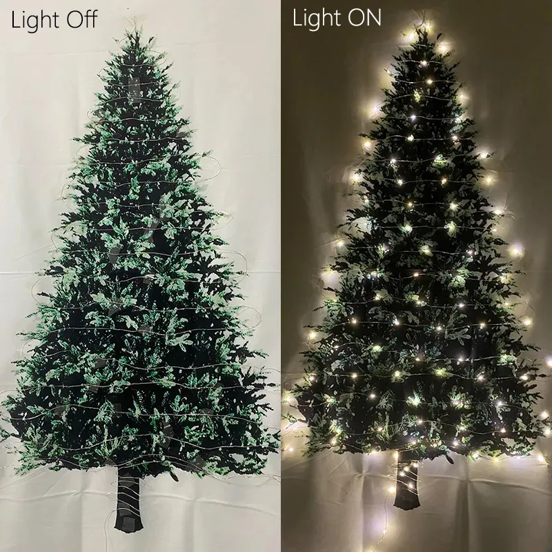 Tapissries 4.9x2.5ft julgran Tapestry vägg hängande med 10 m 100LED String Lights för dörrtäcke hem sovrum bakdropp xmas dekor 231122