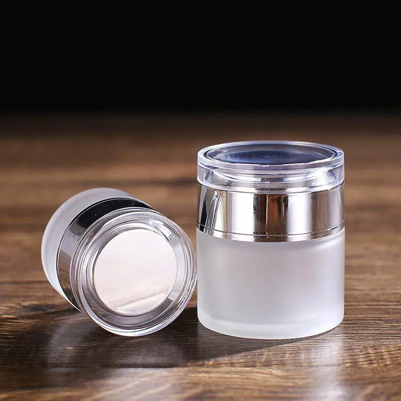 Bouteilles de crème en verre givré Pots cosmétiques ronds Bouteille de crème pour le visage pour les mains 20g-30g-50g Pots avec capuchon en acrylique or/argent/blanc Revêtement PP Trqg