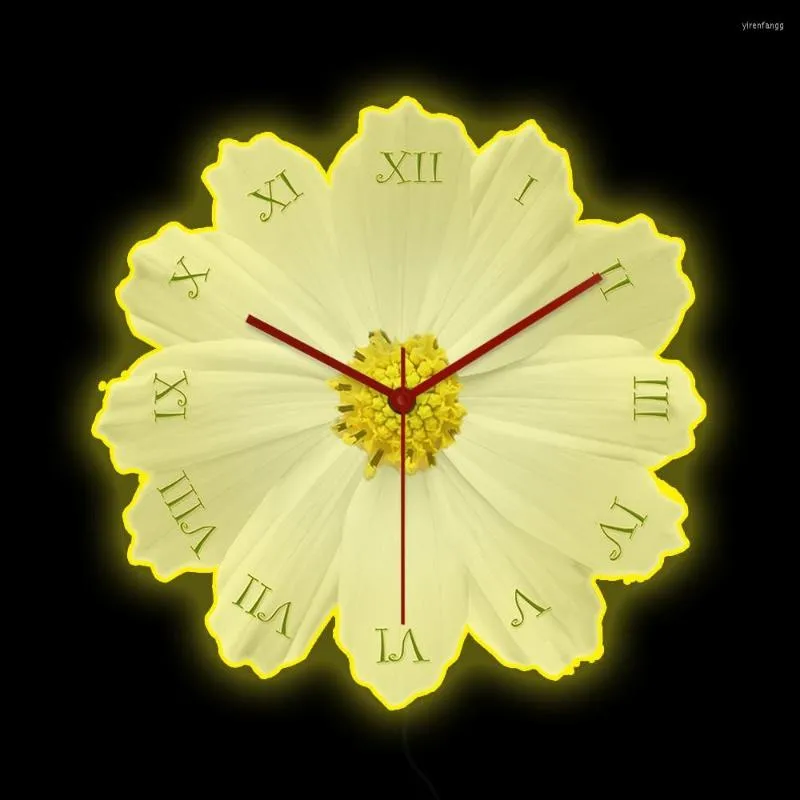 Horloges murales camomille fleur marguerite fleur LED horloge d'éclairage pour salon Floral décor à la maison couleur changeante lueur dans l'obscurité