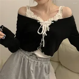 Women's T Shirts Women Long Sleeve T-shirts Lace-up Patchwork Ruffles Trendy Sweet Lovely Crop Tops Sexy Females Leisure Chic Kawaii Clothes