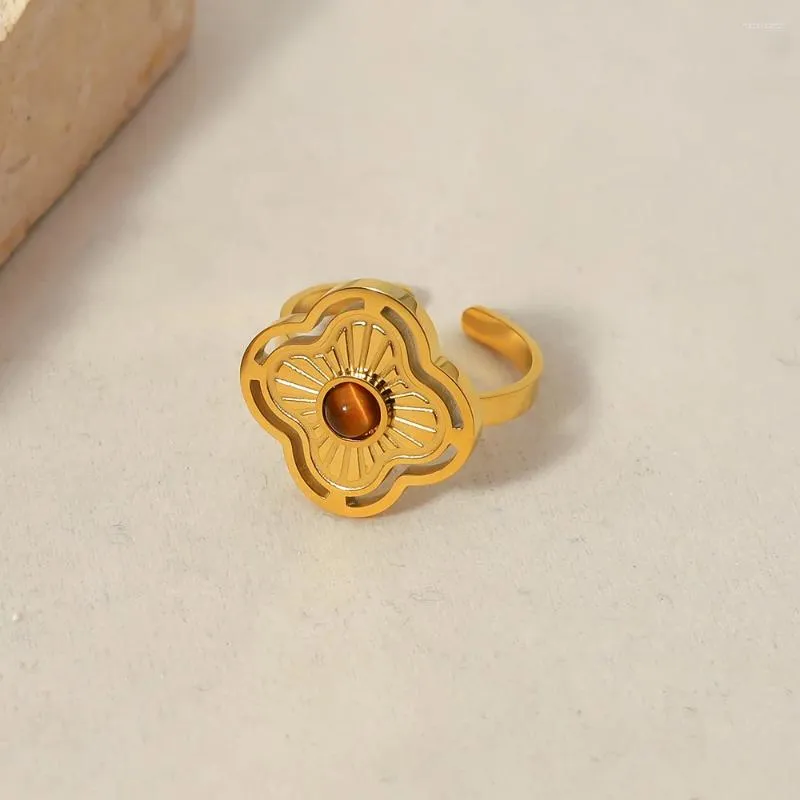 クラスターリングワイルドフリー18kゴールドメッキタイガーアイストーンステンレス鋼女性用幾何学的トレンド調整可能リング防水宝石
