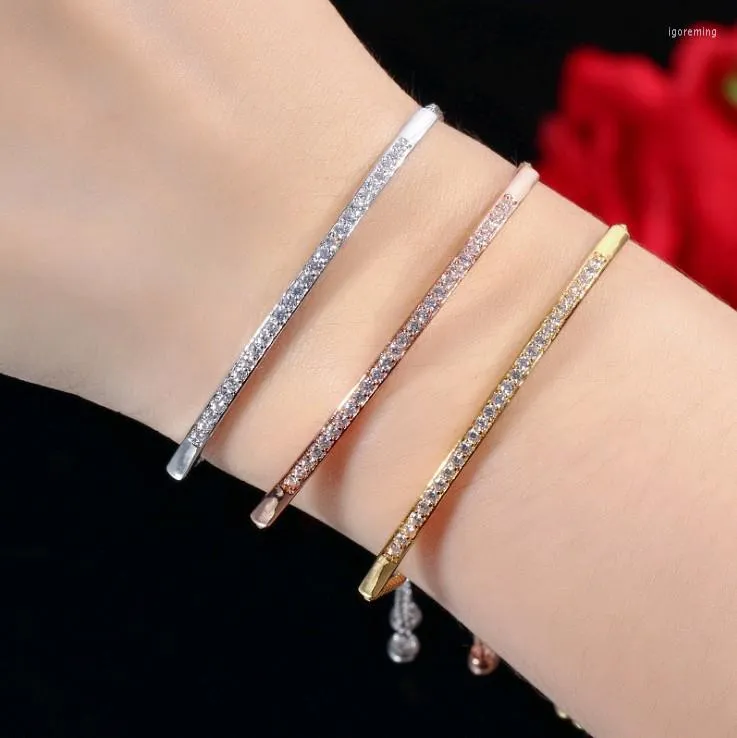 Bangle justerbar armband för kvinnor kristall från österrikiska fängslande barreglage lysande CZ rosguldfärg smycken pulseira