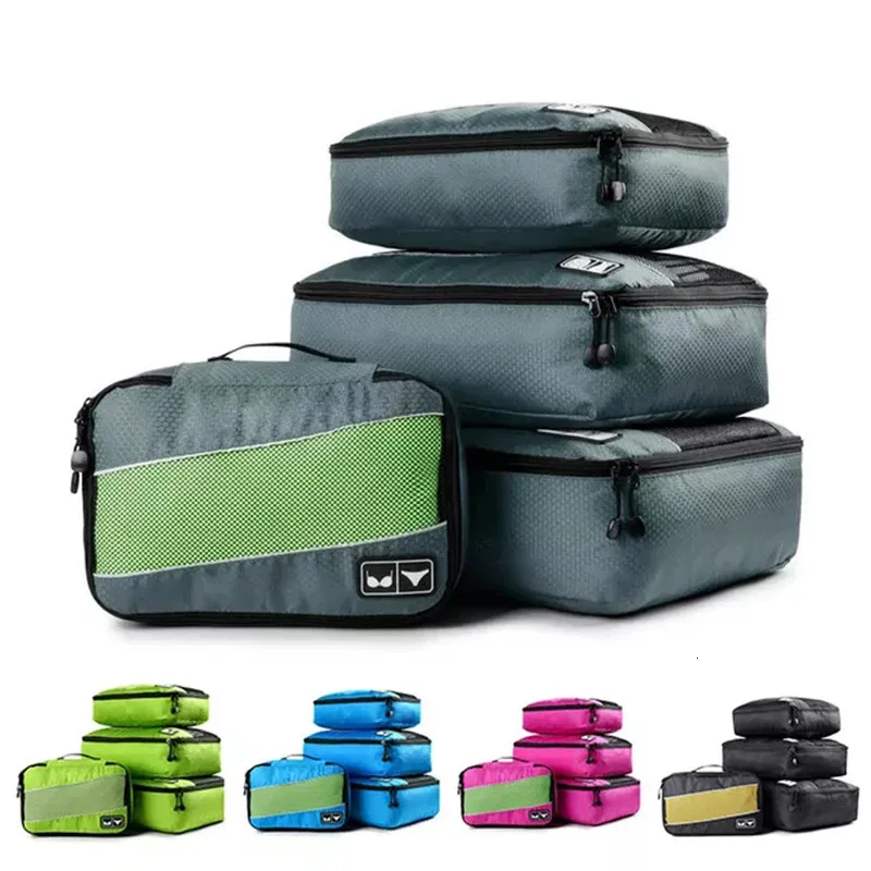 Duffel Çantalar 4pcs Seyahat Taşınabilir Paket Küpleri Set Sıkıştırılabilir Depolama Bagaj Organizatör Ayakkabı Çantası Örgü Görsel Hafif Bavul Çantası 231122