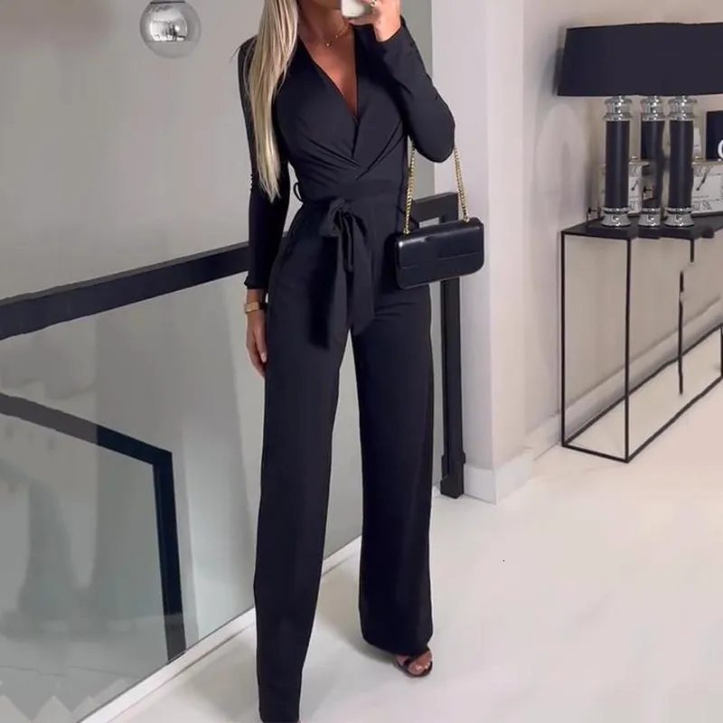 Kvinnors jumpsuits Rompers Retro Autumn Long Sleeve midja Office Lady Lady Romper Solid Slim Wide Leg Pants PlaySuit Women Sexig V-hals Lace Up Straight Jumpsuit 230422