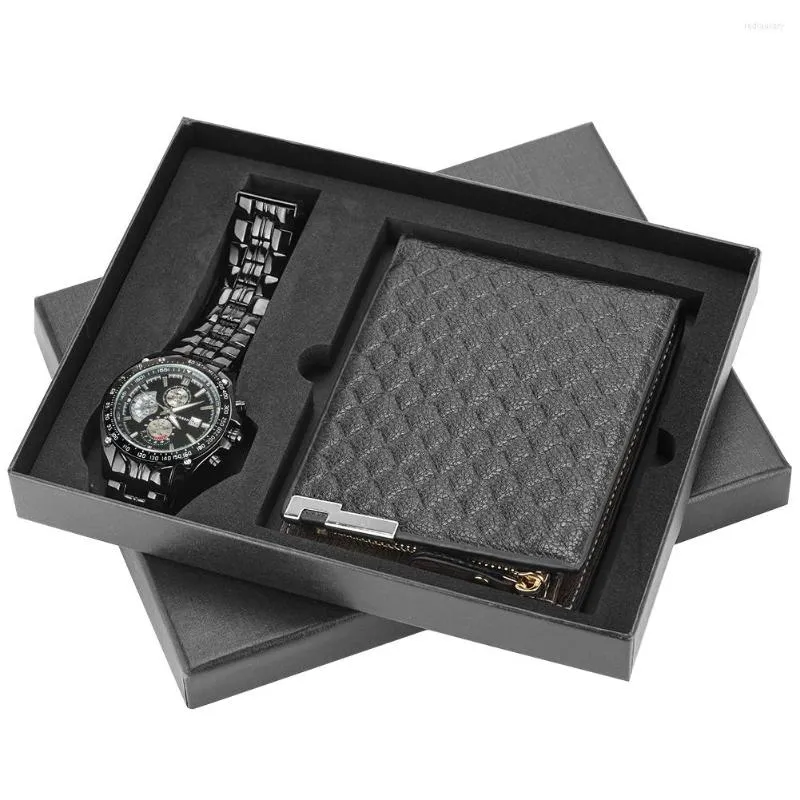 Armbandsur modeklocka och plånbok uppsättning för män rostfritt stål kvarts analog armbandsur läder blixtlåshållare