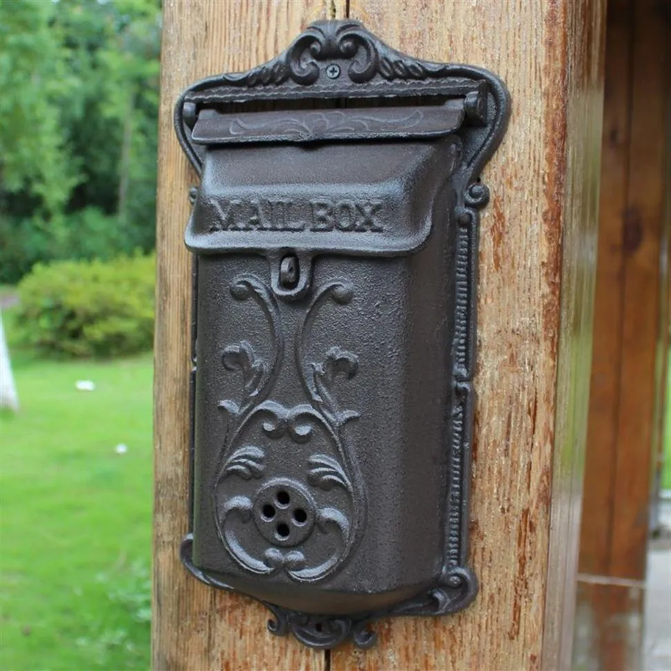 小鋳鉄の郵便ボックスの壁に取り付けられた庭の装飾金属メールレターポストボックスポストボックス素朴な茶色の家庭用コテージパティオ装飾V315W