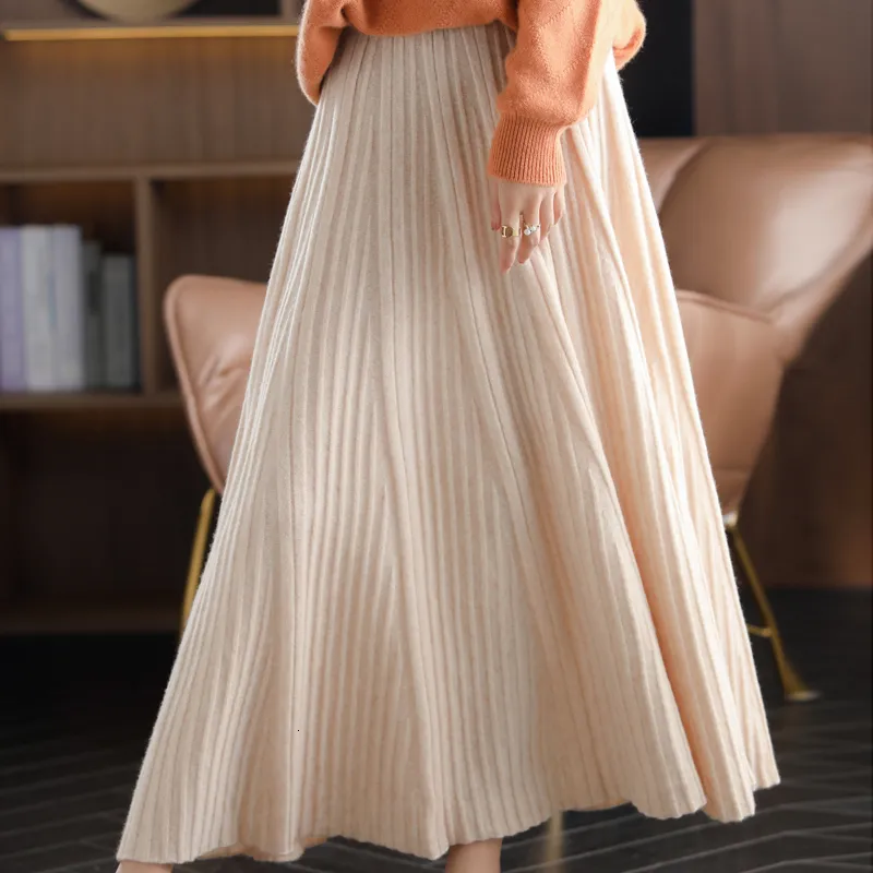 スカート純粋なカシミアa-lineスカート女性秋のニットプリーツロングスカート100％ウール大サイズハイウエアンバッグヒップベーススカート230422