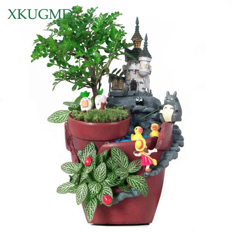 Pot de jardin en résine en forme de maison de château créatif, nouveauté, Pot de fleur de plante de bonsaï pour jardinière de maison rurale, décoration de bureau Y262s