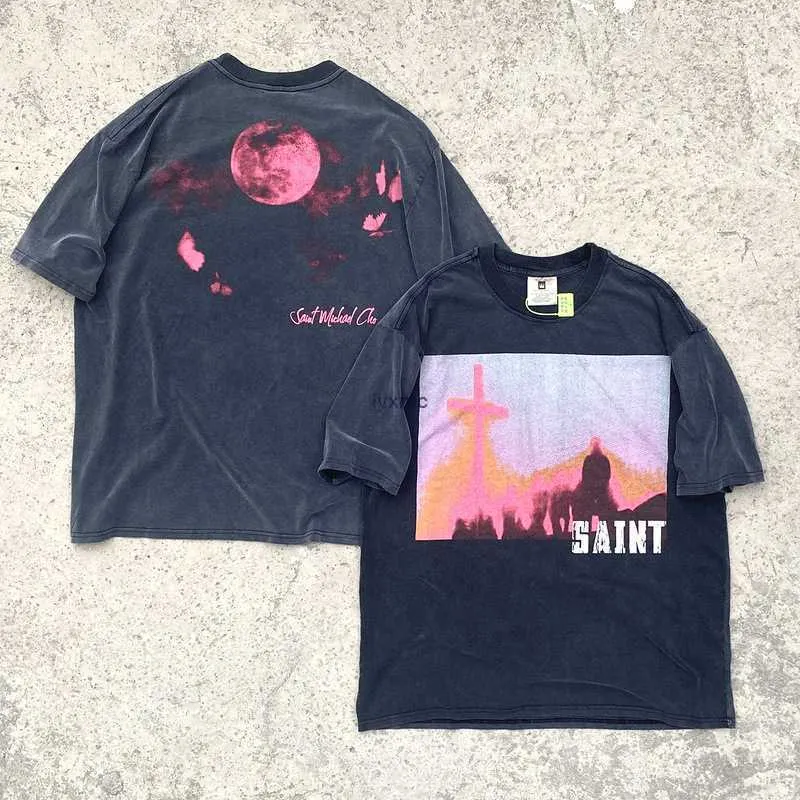 Erkek Tişörtleri Saint Michael "Pembe Gezegen" High Street Old Wash Vintage Kısa Kollu T-Shirtpw0D