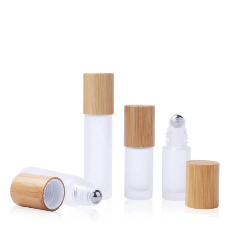 5ml 10ml 15ml buzlu açık şişe rulosu Bambu kapaklı cam şişe 1/2 oz rulo topu parfüm esansiyel yağ şişeleri