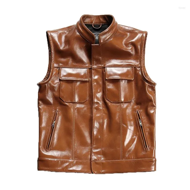 Men's Vests Brown Sport Genuine Leather Vest Real Cow Skin Plus Size Sleeveless Motorcycle Coat Zipper Biker Male Waistcoat 7XL