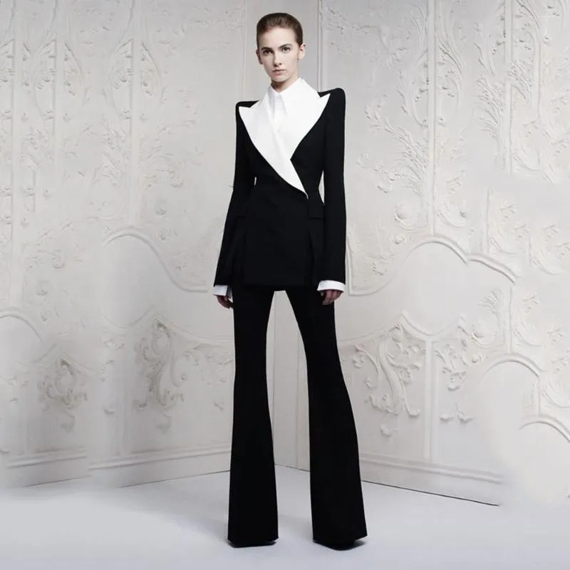 Women's Suits 2023 Black Two Pieces Womem With White Lapel Female Pants Work Blazer Business Ladies (Jacket Pants)