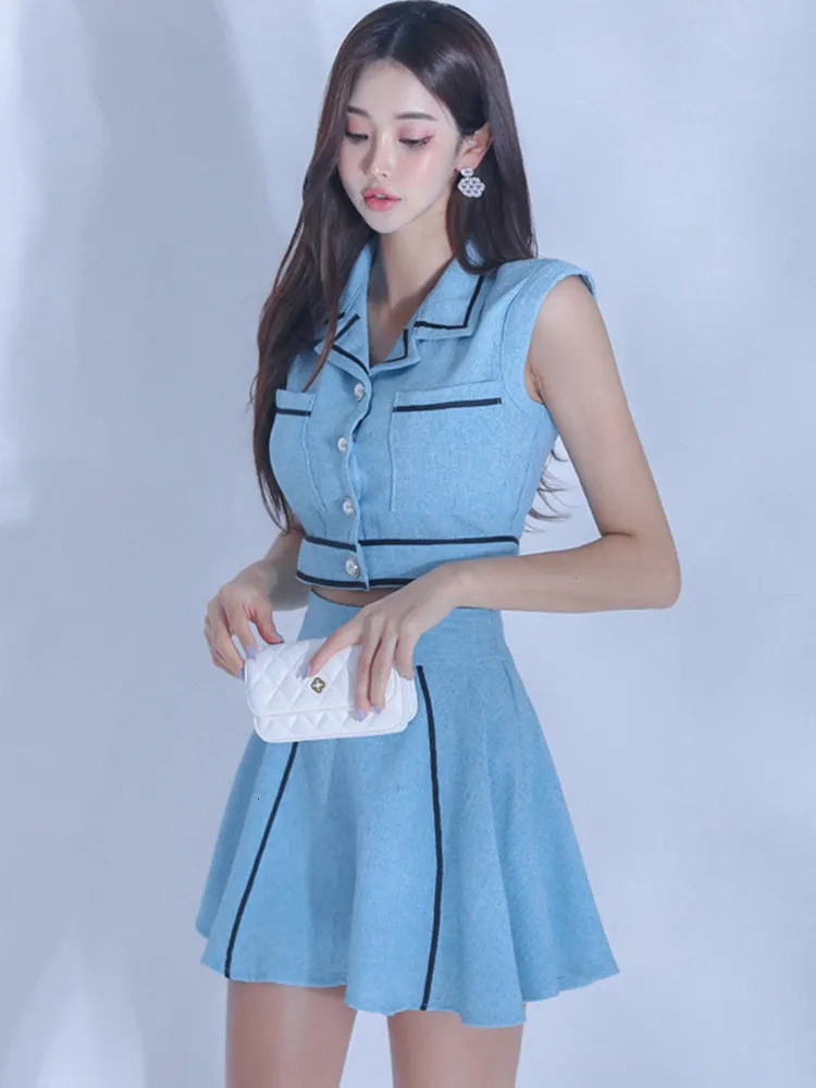 Two Piece Dress Korean 2 Pieces Outfits Women Clothing Temperament Retro Crop Tops Shirt Blouse High Waist Mini Skirt Lady Mujer Slim Short Sets