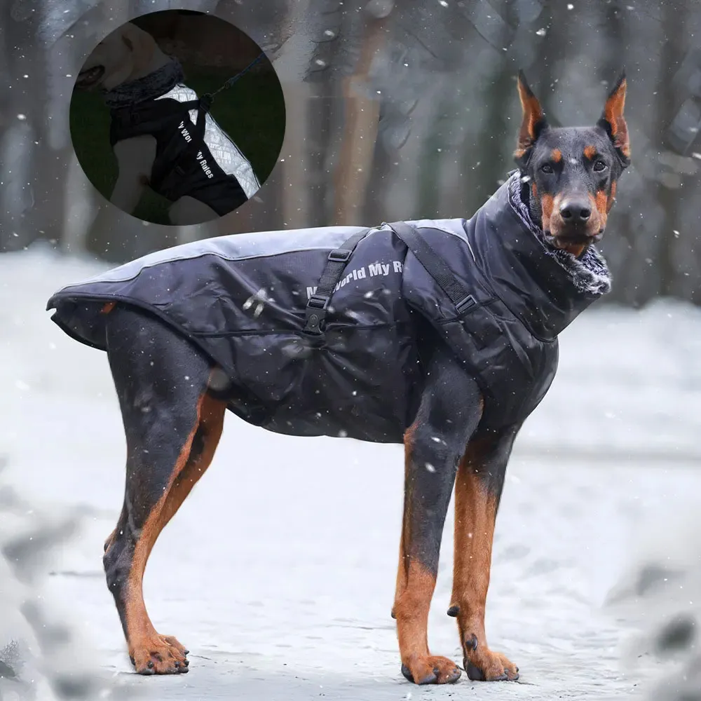 Dog Apparel Winter Warm Jacket Outdoor Waterproof Windproof Reflective Coat Fur Collar Pet Clothes For Medium Large Dogs Supplies 231122