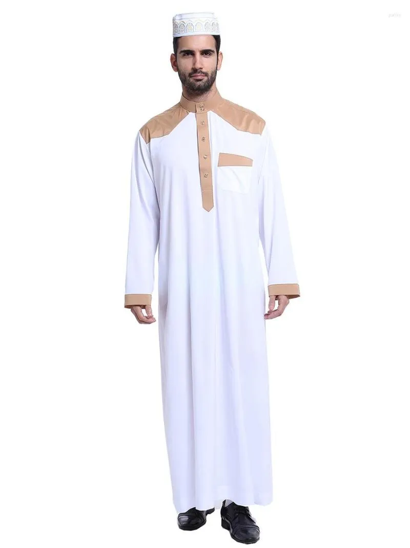 Abbigliamento etnico bicolore abbinato Dubai islamico maniche lunghe abito caftano Ramadan Thobe per uomo Abaya musulmano colletto alla coreana Costume Thawb