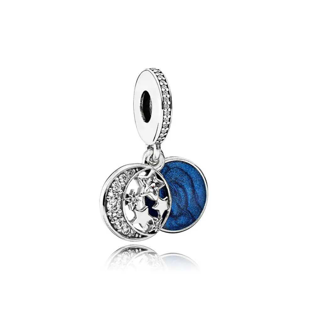 Charms 925 Sterling Silver Blue Emamel Star and Moon Pendant Original Box för Pandora European Bead Armband Halsbandsmycken Making With Box 23ESS