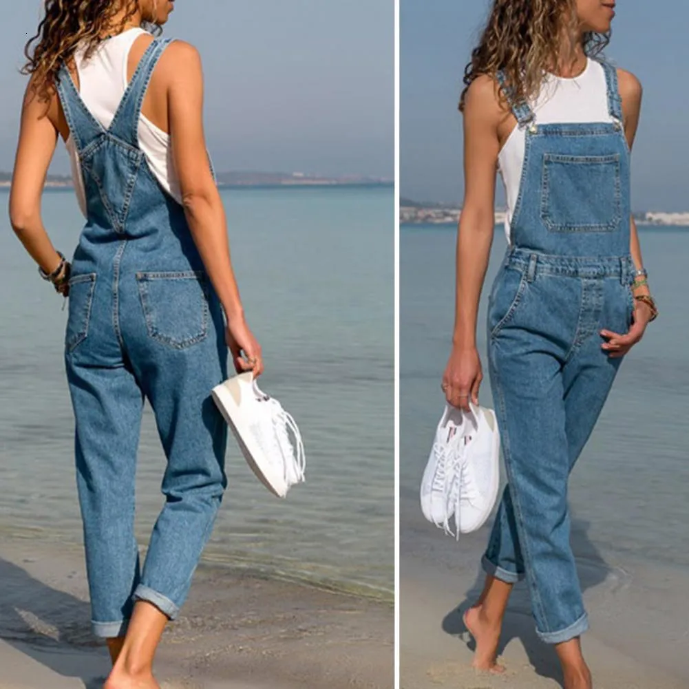 Women's Jumpsuits Rompers Cargo Pants Women Denim Bib Overalls Jeans Jumpsuits Rompers Ladies Ripped Hole Suspenders Long Playsuit Pockets Coverall 230422