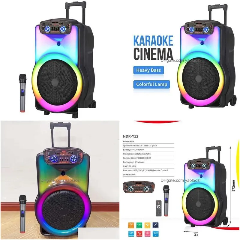 Portable Speakers 12 Inch Big Wireless Bluetooth Speaker Outdoor Column Sing Dance Party Home Theater Sound System With Micphone Dro Dhawb