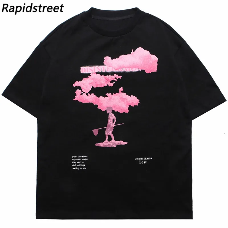 Мужские футболки Уличная одежда Мужская футболка Harajuku Розовое облако хип-хоп футболка Летняя футболка с коротким рукавом Хлопковые черные белые топы Футболки хип-хоп 230422