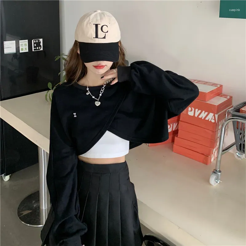 Damen Hoodies Süßer Sexy Hoodie Frühling Herbst Kawaii BF Langarm Wrap Cross Split Crop Top Y2k Vintage Streetwear Schwarzes Sweatshirt Damen