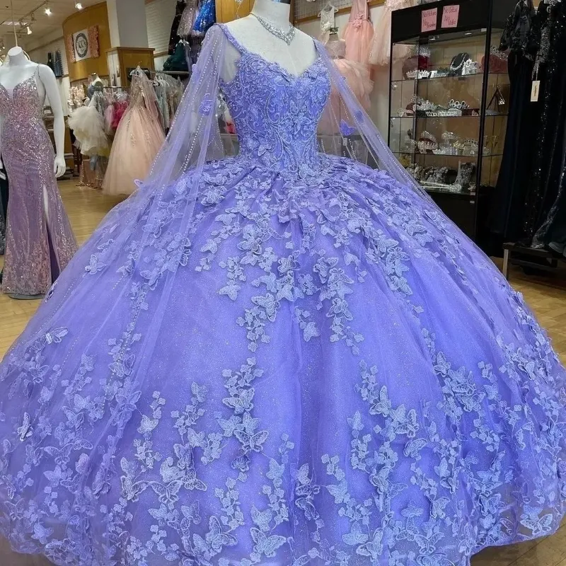 Lavender Shiny Quinceanera Dresses Tulle Applique Bow Beads With Cape Brithday Dance Party Sweet 16 Dress Vestido De 15 Anos