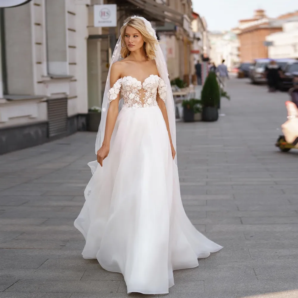 Boho Beach bohemian bridal gowns - 3D Flower Beaded Wedding Grown with Lace Appliques and A-Line Silhouette (2024)