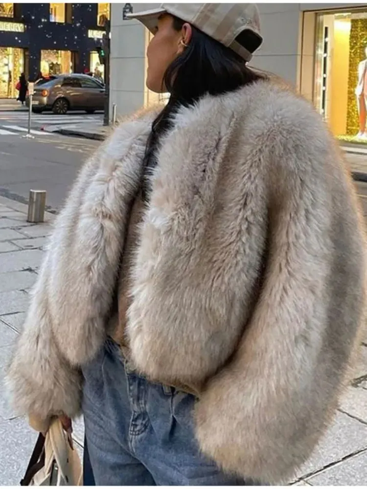 Pele feminina pele sintética elegante sólido fofo jaqueta curta feminina moda manga comprida solta quente casaco de pele sintética outono inverno senhora high street outwear 231122