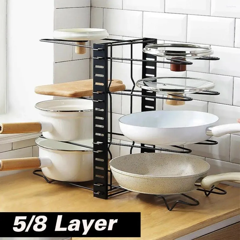 Kök förvaring justerbar 8 lager diy arrangör rack pot pann lock hållare köksredskap baksida huggtavla bänkskiva hylla