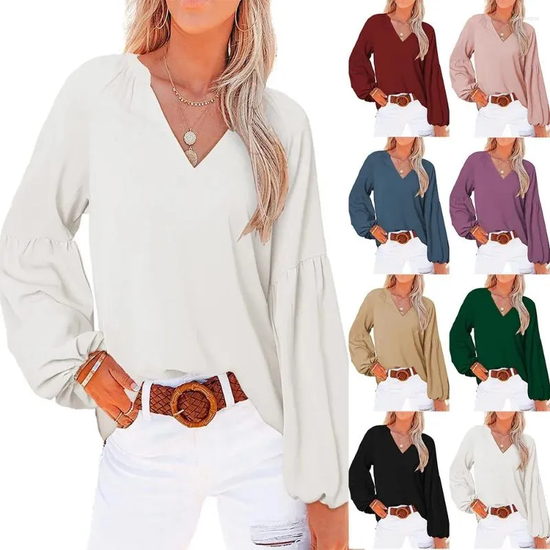Kadın Tişörtleri 2023 Kadın Moda Günlük Sıradan Düz Renk Uzun Kollu Top V Yağ Gloos Siyah Tunik Bahar Sonbahar S-3XL Çok yönlü T-Shirt