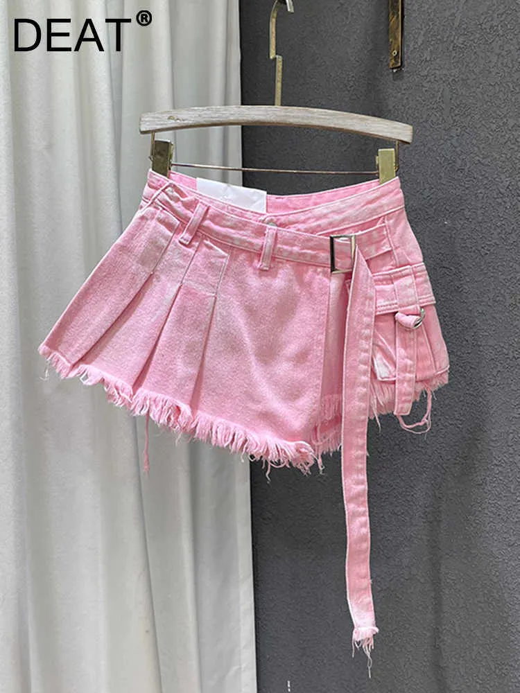 Skirts DEAT Fake Two Patchwork Burrs Denim Shorts Skirts Women's Bandage Solid Color High Waist Skirt Female 2023 Summer New 11XX1798 P230422