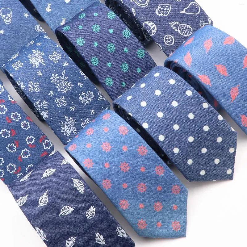 Bow Ties Men's Blue Cotton Denim Solid Color Tie Narrow 6cm Width Necktie Slim Skinny Cravate Flower Dot Business Neckties