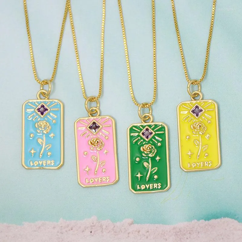 Chains Carved Lover Rose Flower Square Necklace Colorful Rhombus CZ Stone Enameled Cards Charm Boho Jewelry Collier Fleur