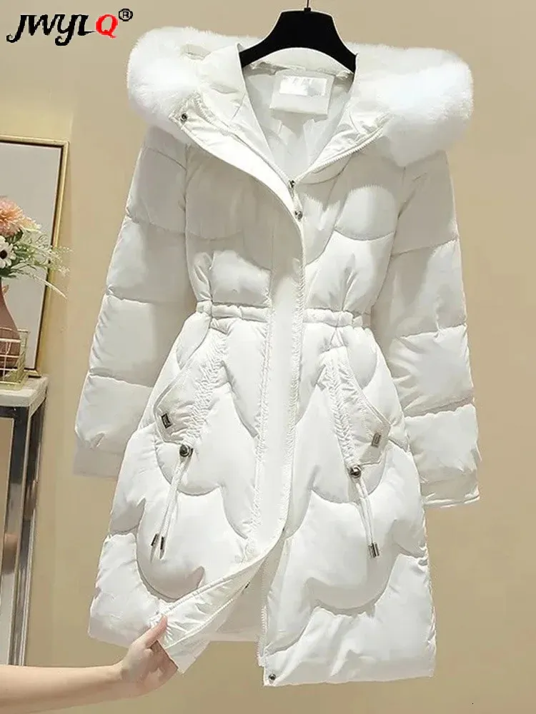 Women's Down Parkas Korean Fashion Slim Faux Fur Collar Hooded Winter Women Cold Coat Waist Drawstring Padded Jackets Midi Lenght Snow Casaco 231122