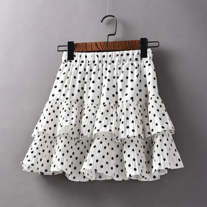 Skirts Korean Sweet Ladies Polka Dot Chiffon Cake Skirts Summer Womens High Waist Puffy Temperament A-line Pleated Skirt Femme 230422