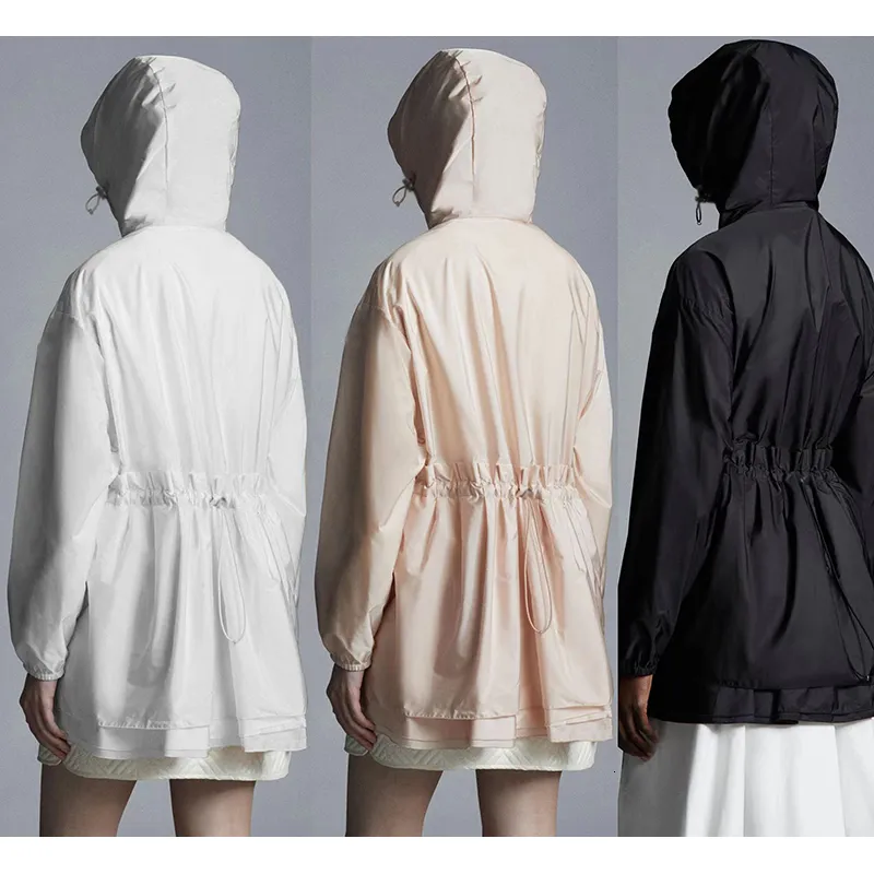 Trench-Coat à capuche pour femmes, veste coupe-vent mi-longue, cordon de serrage, ourlet fin, couche de dentelle, vêtements de protection solaire, 230421