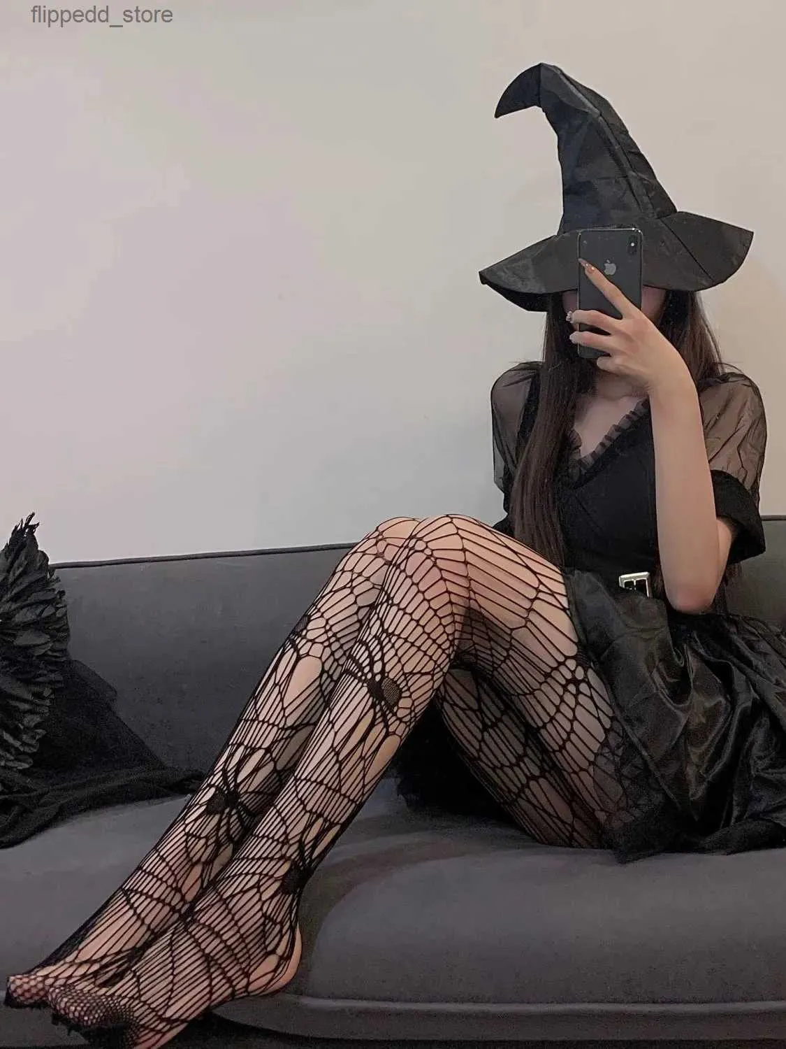 Seksi Çorap Cadılar Bayramı Cadı Oyun Aksesuarları Büyük Örümcek Fishnet Külotlu Köpek Kadın Seksi Kafatası Örümcek Web Met Tayt JK Gotik Lolita Çoraplar Q231122