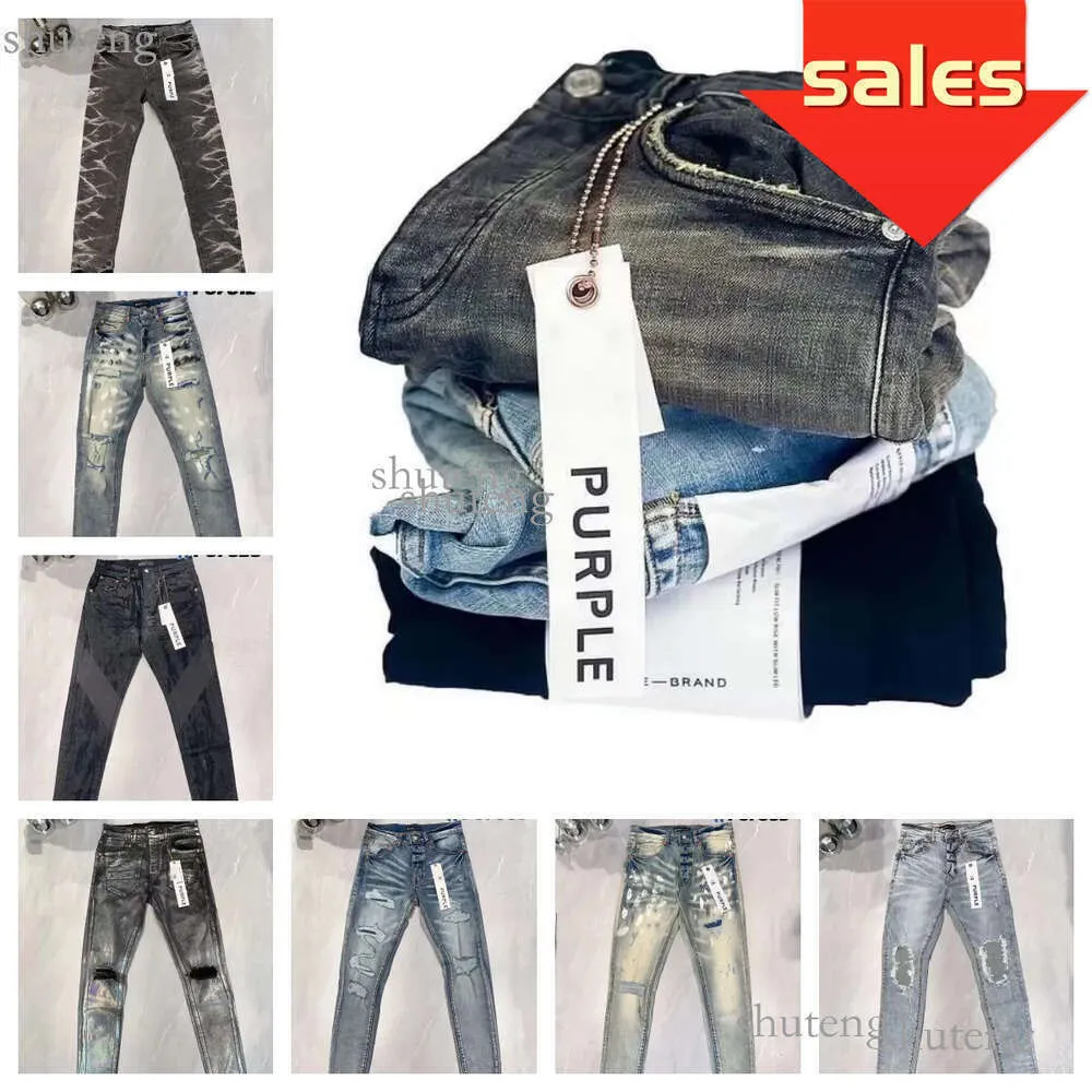 Homem roxo rasgado motociclista magro em linha reta calças skinny designer pilha moda jeans mens tendência 606